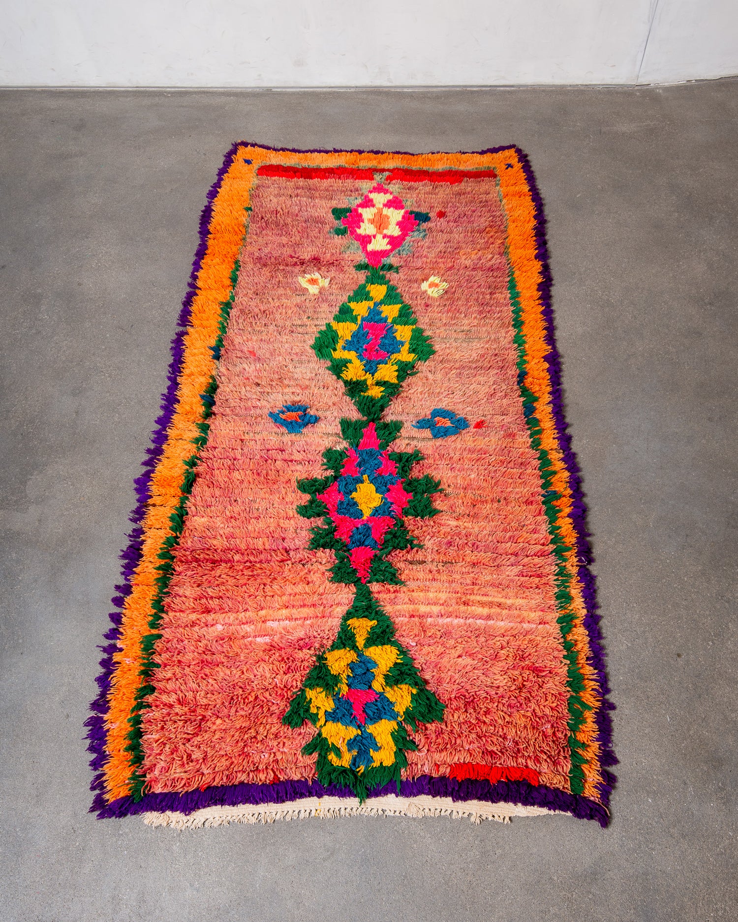 Modern, designer, handcrafted Berber runner rug from Morocco. Vintage carpet with beautiful colours and patterns and fluffy texture.